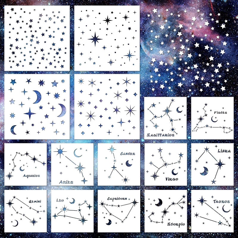 Keluna Star Stencils for Wall Decor - 16 Pcs Reusable Star Moon Zodiac Constellation Stencils for Wood, Canvas, Furniture - Image 1